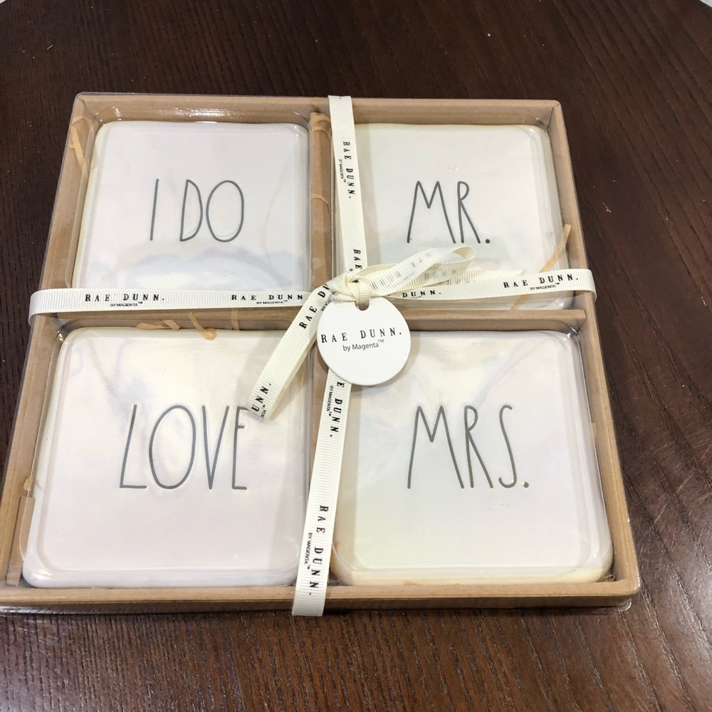 Rae Dunn 'I DO / MR. / LOVE / MRS.' Ceramic Iridescent Coasters Set NWT